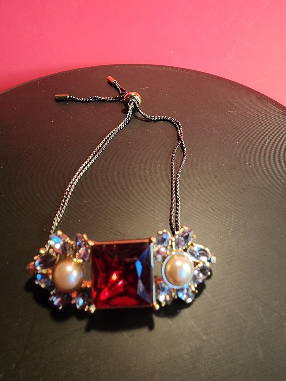 Avon Adjustable Statement Bracelet with Red Gem and Pearl Accents
